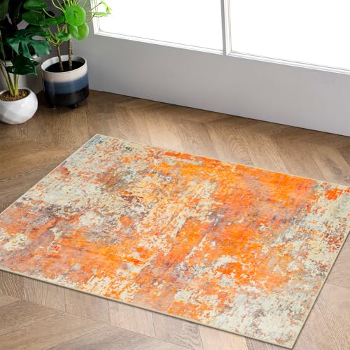La Home Lahome Modern Abstract Small 2x3 Rug Washable Kitchen Rugs Non Slip Front Indoor Mat for Entry Bathroom Contemporary Soft Throw Carpet for Entryway Bedside OrangeYellow - Image 1