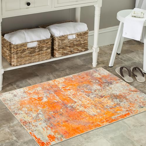 La Home Lahome Modern Abstract Small 2x3 Rug Washable Kitchen Rugs Non Slip Front Indoor Mat for Entry Bathroom Contemporary Soft Throw Carpet for Entryway Bedside OrangeYellow - Image 3