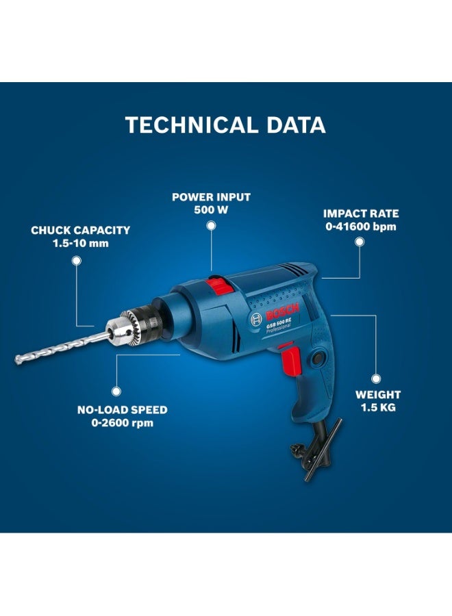 BOSCH Professional GSB 500 RE Corded-Electric Drill Tool Set | 500 W Motor | 100-piece Tools Box Kit | Speed Range upto 2600 RPM | Impact Rate upto 41600 BPM | Chuck Capacity of 10 mm | 1 Yr Warranty - Image 2