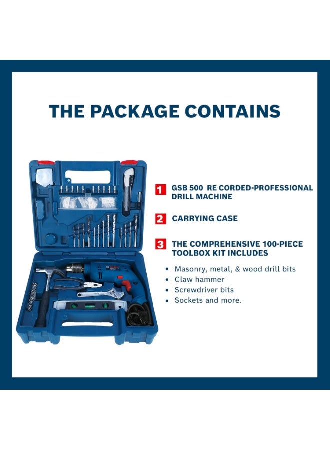 BOSCH Professional GSB 500 RE Corded-Electric Drill Tool Set | 500 W Motor | 100-piece Tools Box Kit | Speed Range upto 2600 RPM | Impact Rate upto 41600 BPM | Chuck Capacity of 10 mm | 1 Yr Warranty - Image 3