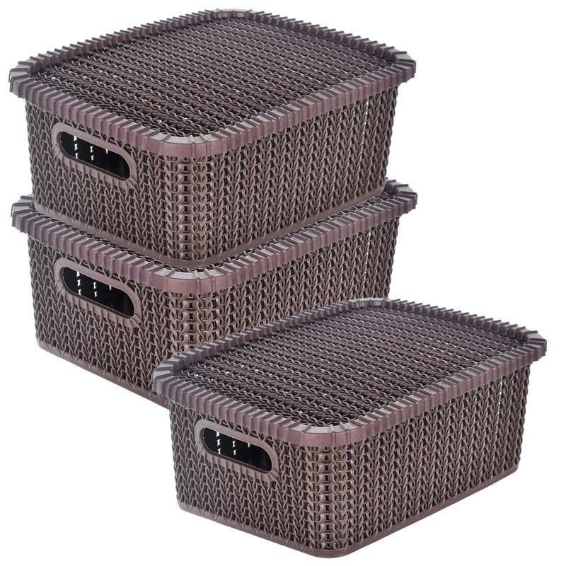 Kuber Industries Multiuses Large M 20 Plastic Basket/Organizer With Lid- Pack of 3 (Brown) -46KM065 - Image 1