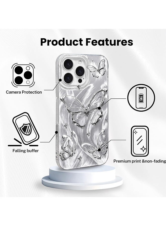 Wffo Compatible for iPhone 16 Pro Max Case Case - Shiny Silver Butterfly Design - Feather Yarn Style Phone Case - TPU Shockproof Protective Phone Case - Sleek and Simple - Silver - Image 5