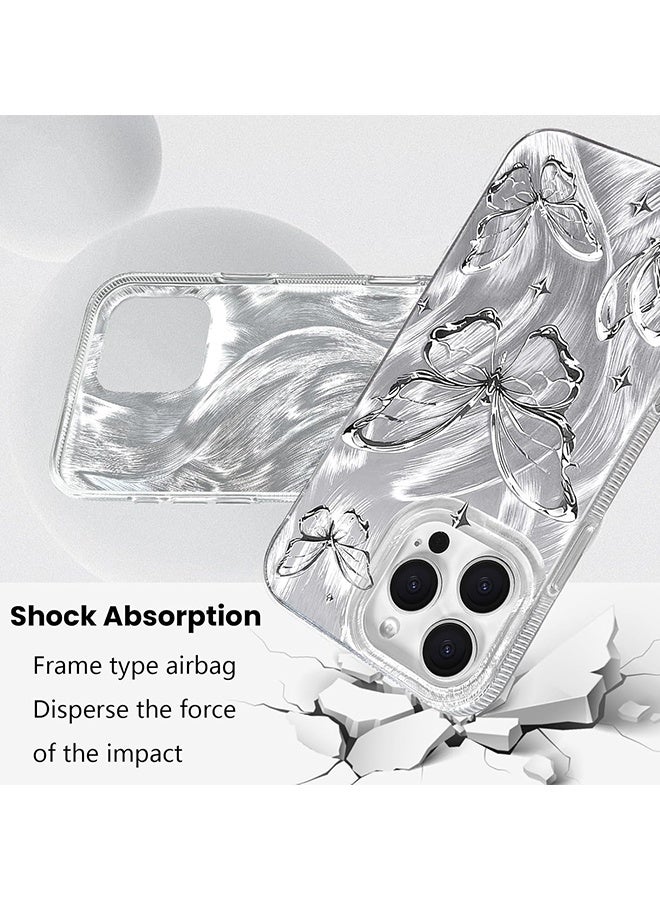 Wffo Compatible for iPhone 16 Pro Max Case Case - Shiny Silver Butterfly Design - Feather Yarn Style Phone Case - TPU Shockproof Protective Phone Case - Sleek and Simple - Silver - Image 4