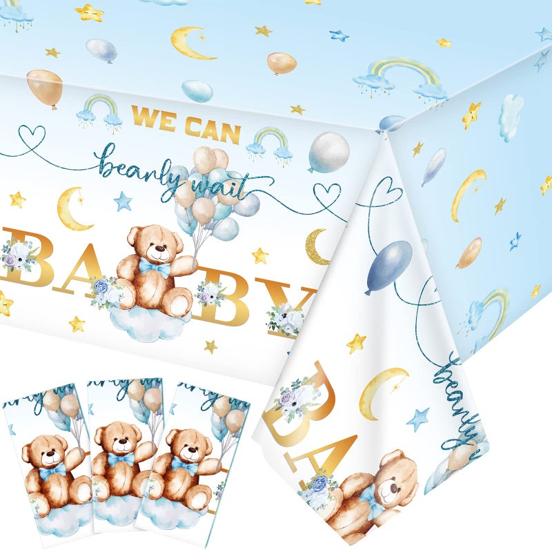 Tatuo 3 Packs We Can Bearly Wait Baby Shower Tablecloth Decorations Teddy Bear Table Cover Balloon Bear Plastic Tablecloth for Theme Birthday Baby Shower Party Decor 54 x 108 InchBlue Sky Style