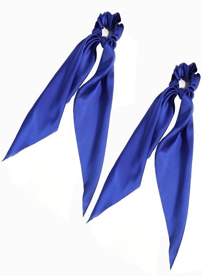 LFOUVRE Pack of 2 Knotted Bow Hair Scrunchies Elastic Hair Scarf Hair Ties Bands Satin Hair Ribbon Scrunchy Ponytail Holder for Women and Girls,Hair Scarf Scrunchies,Hair Accessories (Royal Blue) - Image 1