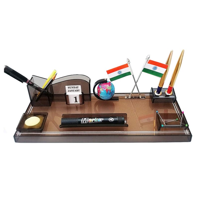 IGNOTO Acrylic Flag Design Pen Stand for Office and Study Table, Stationary, Brown - Image 1