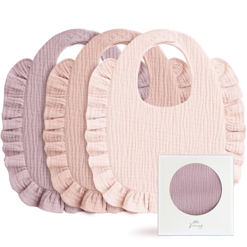 Konssy Muslin Baby Bibs for Girls Soft 100 Cotton Drool Bibs Ruffle Trim for Newborns Toddlers 036 Months 3Pack - Image 1