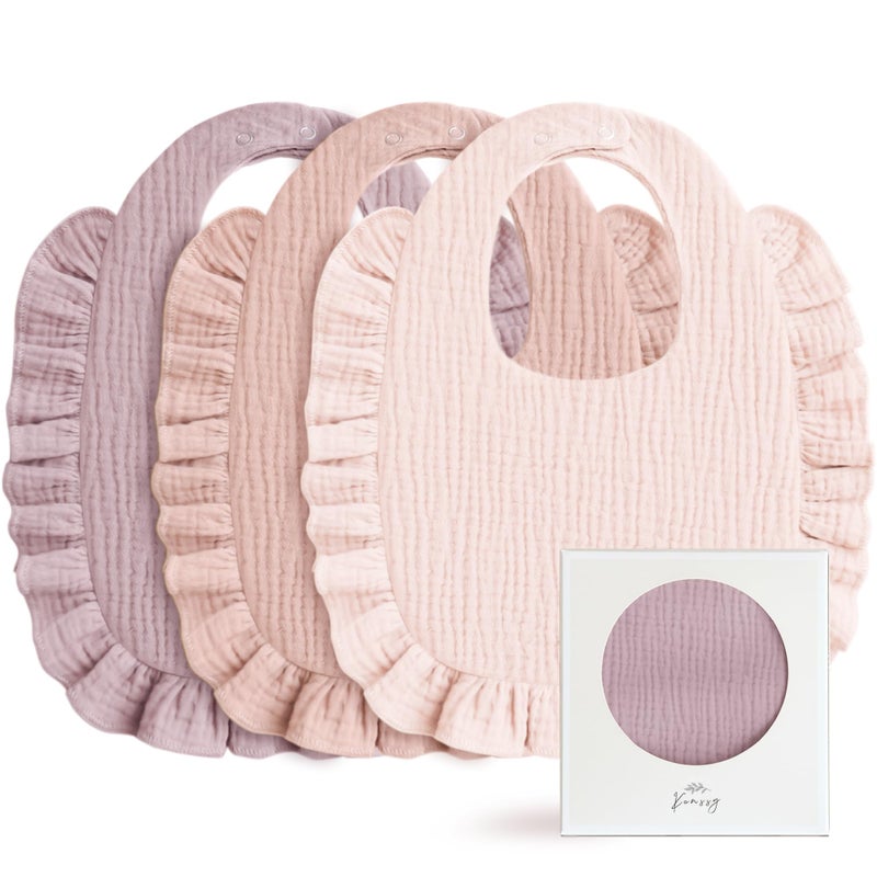 Konssy Muslin Baby Bibs for Girls Soft 100 Cotton Drool Bibs Ruffle Trim for Newborns Toddlers 036 Months 3Pack - Image 2