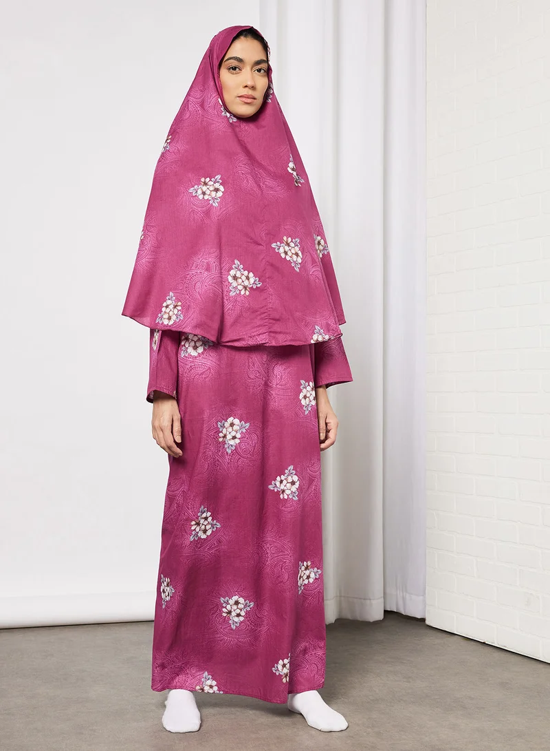 Hayat Praying Dress With Floral Prints And Veil