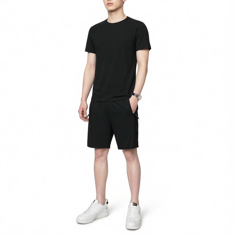 Men's Summer Ice Silk Sport Short Sleeve Shorts Two-Piece Set Breathable Stretch