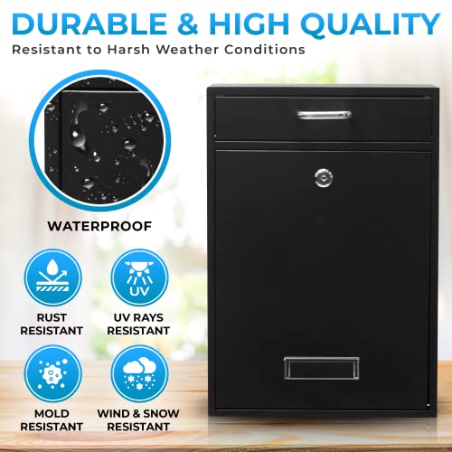 Yulli Wall Mounted Locking Vertical Dropbox Mailbox - Safe and Secure (Large) | Made with Galvanized Steel (Black) - Image 2