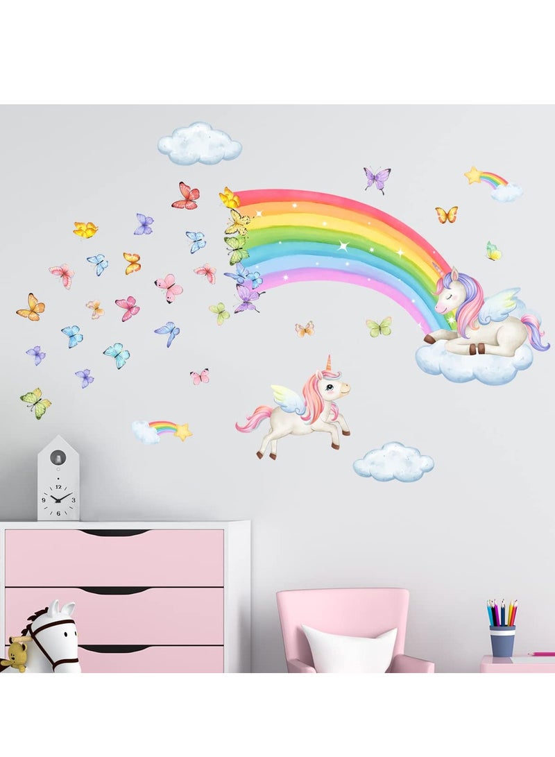 SOLARAE Rainbow Wall Stickers, Butterfly Unicorn Clouds, Peel and Stick Wall Art Decals, for Kids Room Baby Girls Boys Bedroom - Image 2