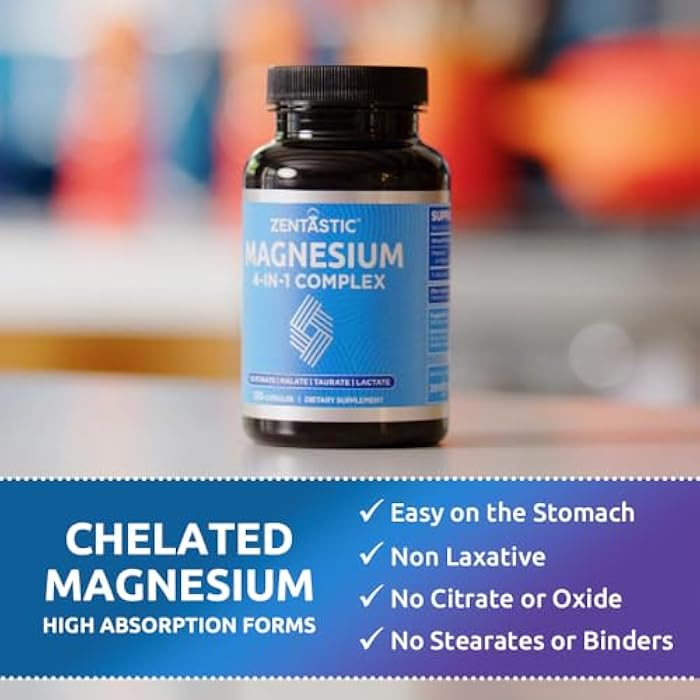 Zentastic Magnesium Complex 4-in-1 Supplement – Magnesium Glycinate, Malate, Taurate & Lactate – Chelated High Absorption for Nerves, Muscles, Bones & Immune Support – 120 Capsules - Image 4