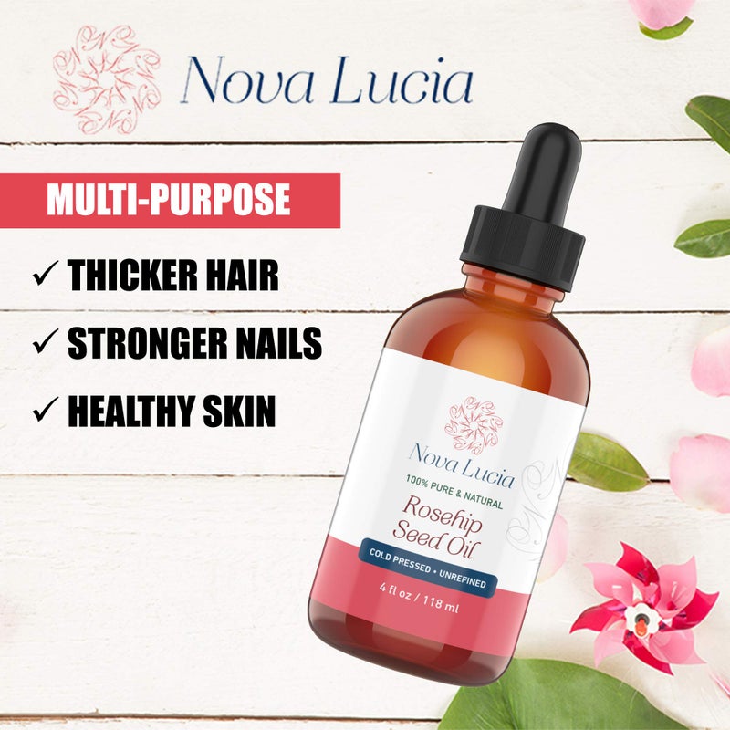 Nova Lucia Rosehip Oil Organic Cold Pressed Moisturizer For Face Hair Skin Nails Sunspot & Stretch Mark Minimizer Helps Reduce Scar Rose Hip Facial Serum Face & Hair Serum 4 oz - Image 2