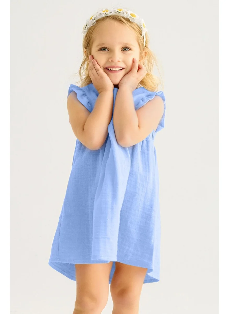 Zepkids Crew Neck Ruffle Sleeves Shoulders Ruffle Baby Blue Color Girl Dress