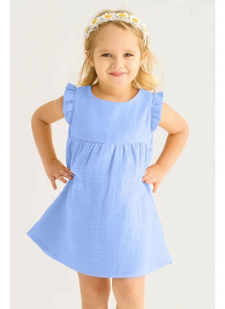 Zepkids Crew Neck Ruffle Sleeves Shoulders Ruffle Baby Blue Color Girl Dress