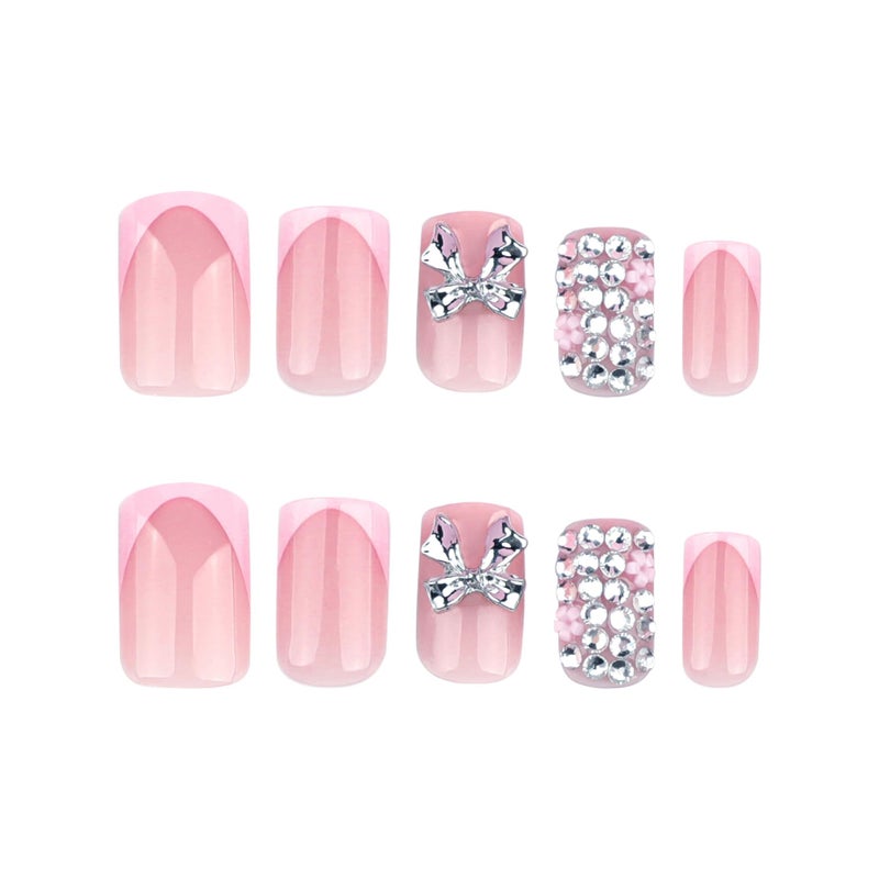 CTTHNBD Short Press on Nails Square - Pink French Tip Fake Nails with Silver Bow Design - Rhinestone, Glossy Full Cover Stick on False Nails - for Women 24 Pcs - Image 5