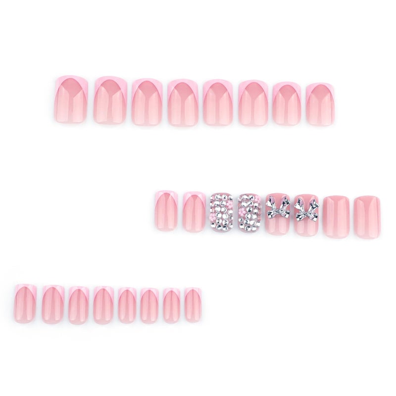 CTTHNBD Short Press on Nails Square - Pink French Tip Fake Nails with Silver Bow Design - Rhinestone, Glossy Full Cover Stick on False Nails - for Women 24 Pcs - Image 2