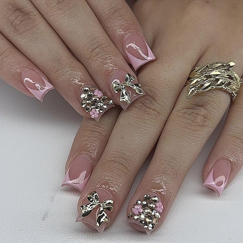 CTTHNBD Short Press on Nails Square - Pink French Tip Fake Nails with Silver Bow Design - Rhinestone, Glossy Full Cover Stick on False Nails - for Women 24 Pcs - Image 1