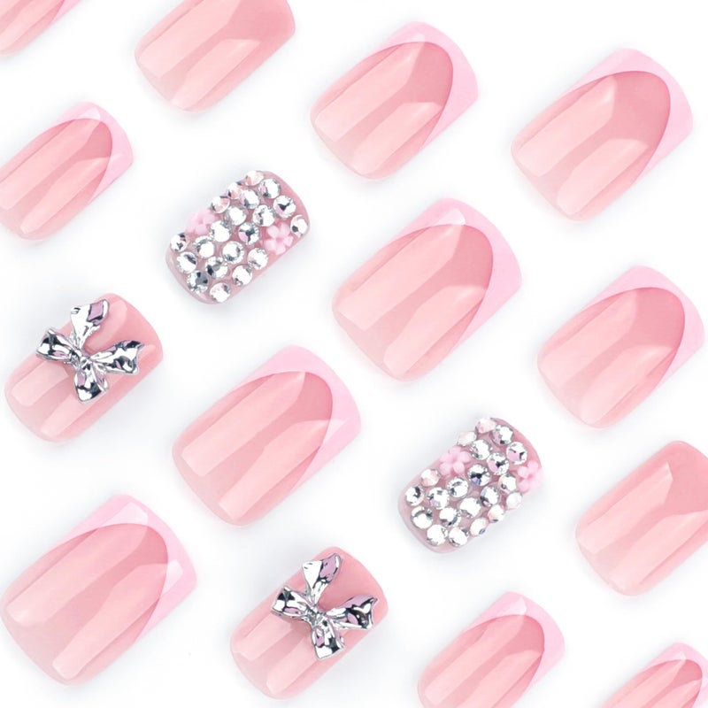 CTTHNBD Short Press on Nails Square - Pink French Tip Fake Nails with Silver Bow Design - Rhinestone, Glossy Full Cover Stick on False Nails - for Women 24 Pcs - Image 3