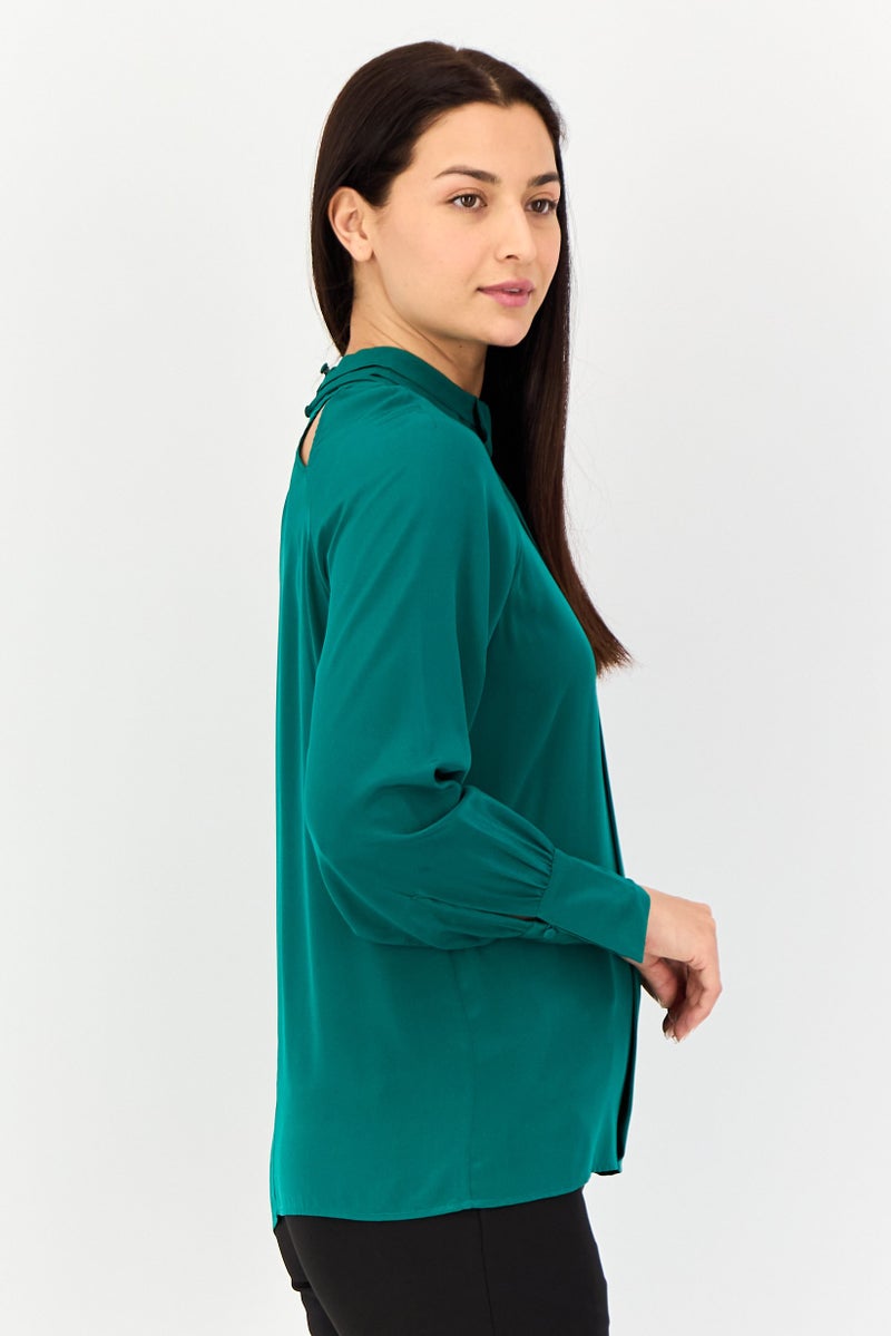 SELECTED Women Mock Neck Long Sleeves Plain Blouse, Green - Image 3