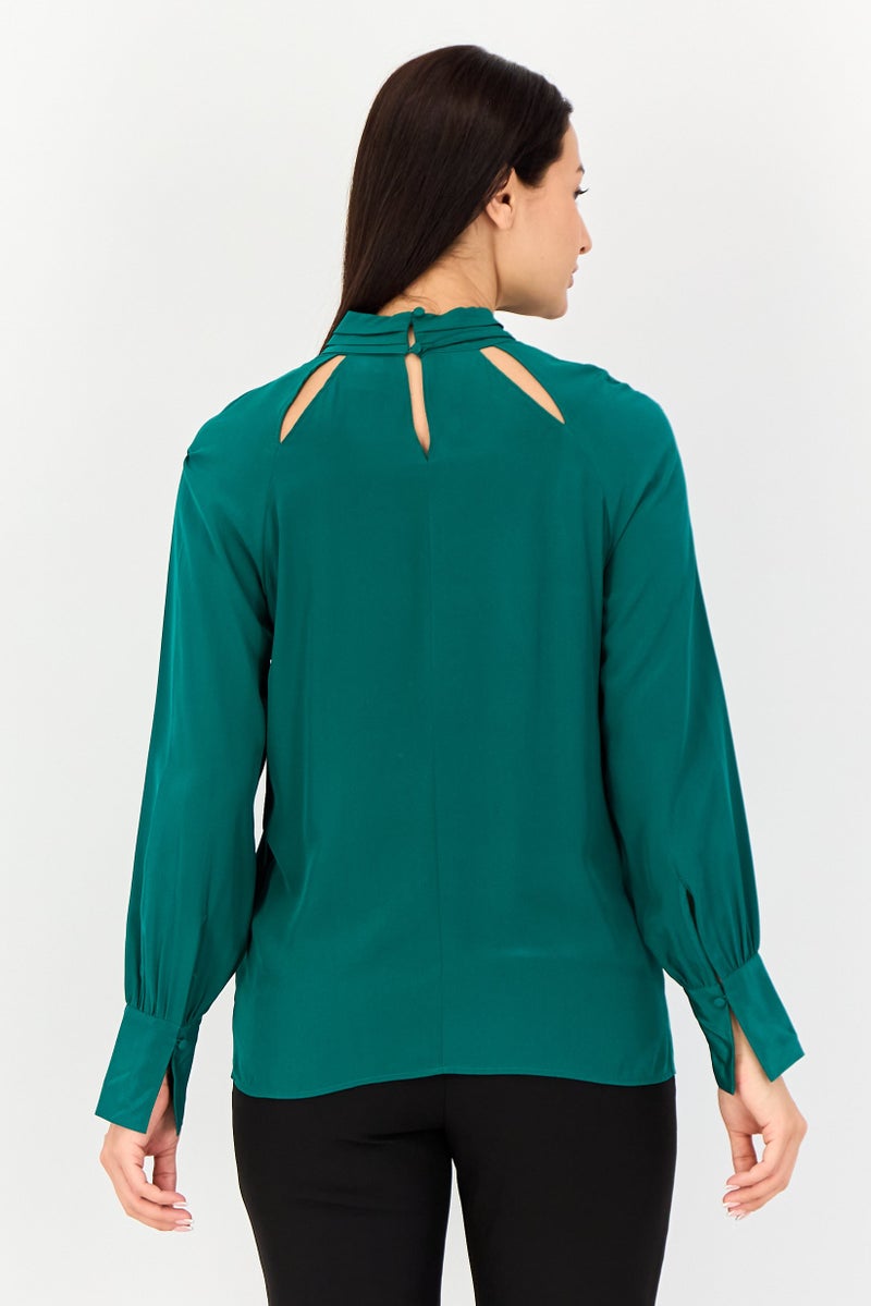 SELECTED Women Mock Neck Long Sleeves Plain Blouse, Green - Image 2