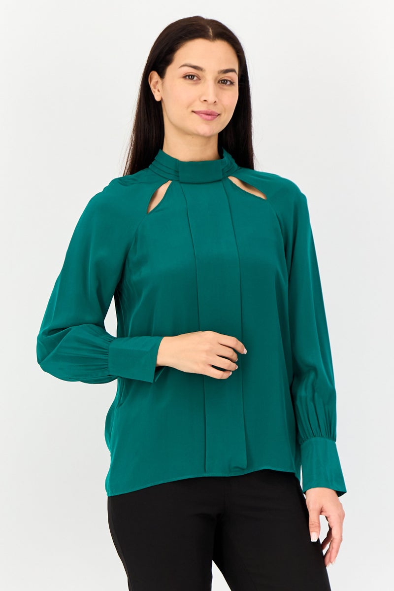 SELECTED Women Mock Neck Long Sleeves Plain Blouse, Green - Image 1