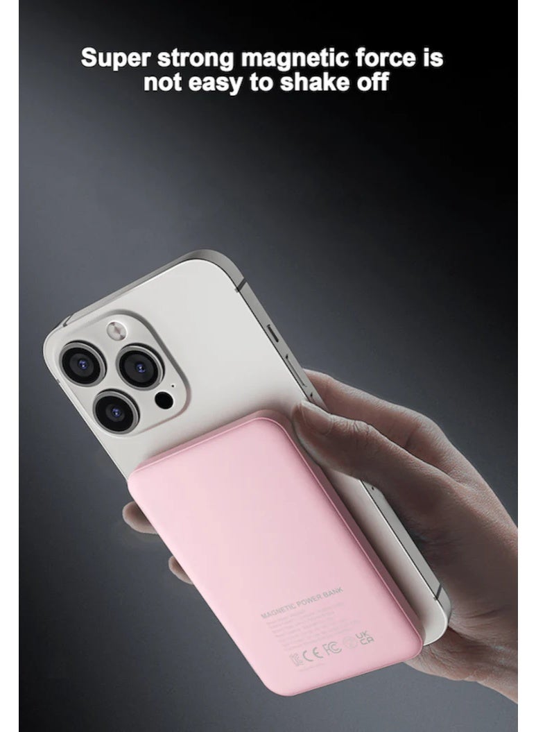 Airbot 5000mAh MagSafe Wireless power bank,for  smartphones that support wireless charging, net weight is only about 110g，strong magnetic adsorption，Lightweight and Magnetic, portable power bank for travel, supports 20W fast charging for wired charging（pink） - Image 2
