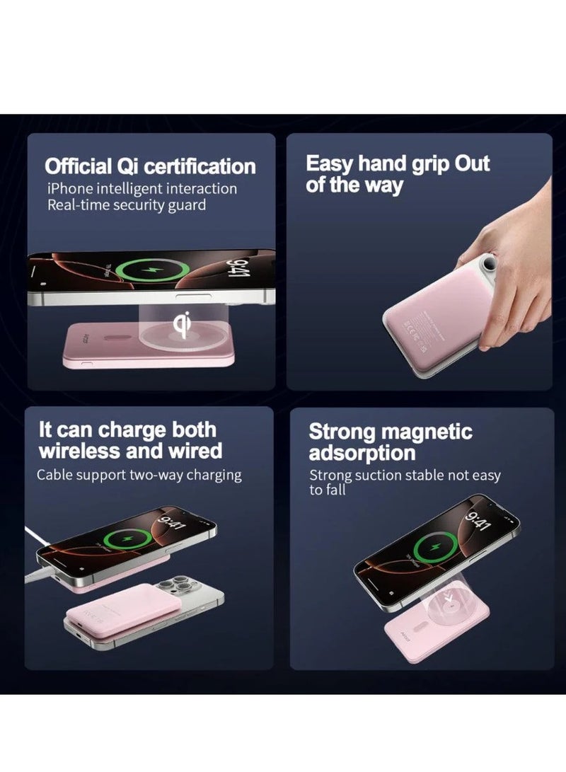 Airbot 5000mAh MagSafe Wireless power bank,for  smartphones that support wireless charging, net weight is only about 110g，strong magnetic adsorption，Lightweight and Magnetic, portable power bank for travel, supports 20W fast charging for wired charging（pink） - Image 5