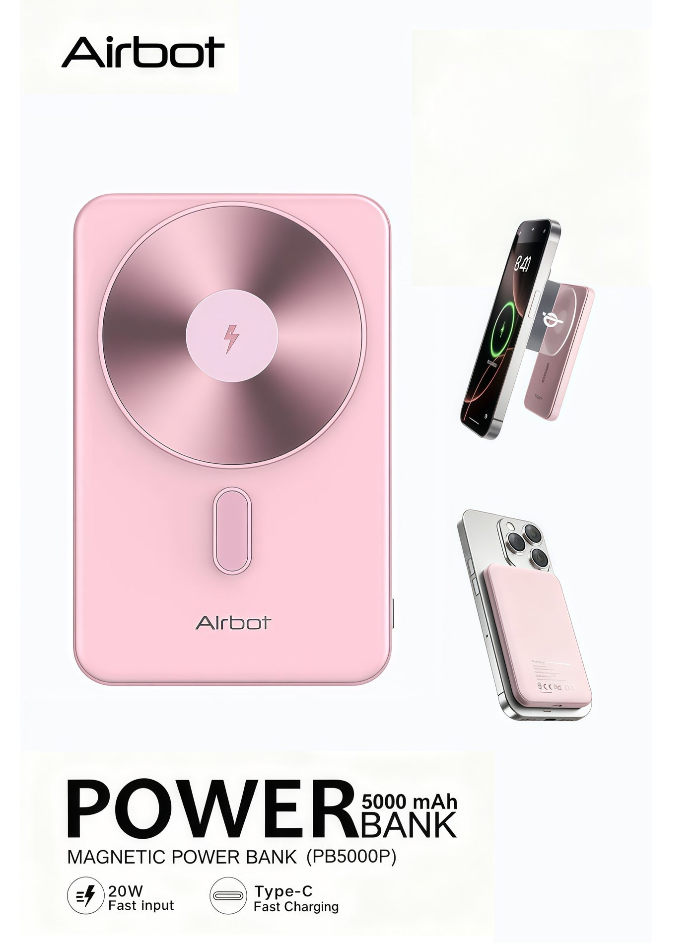 Airbot 5000mAh MagSafe Wireless power bank,for smartphones that support wireless charging, net weight is only about 110g,strong magnetic adsorption,Lightweight and Magnetic, portable power bank for travel, supports 20W fast charging for wired charging(pink)
