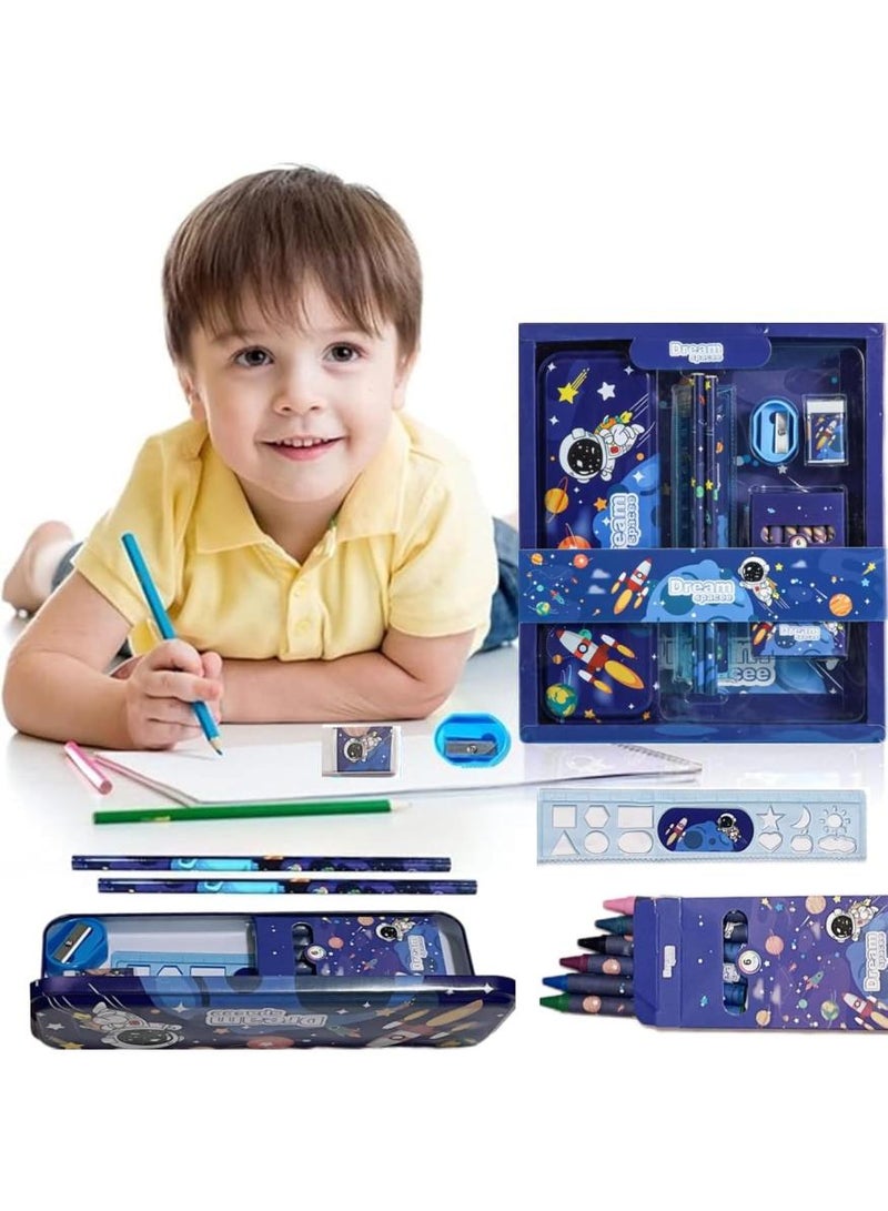 PAPERSAY Handsome Space Stationery Set, Including Pencil Case, Ruler, Eraser, 2 Pencils, Pencil Sharpener and a Box Of Crayons 6 Pieces, Cartoon Stationery Set for Boys and Girls - Image 4