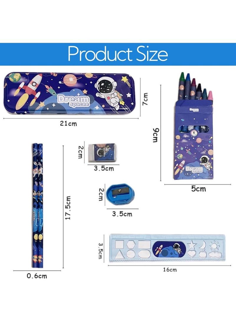 PAPERSAY Handsome Space Stationery Set, Including Pencil Case, Ruler, Eraser, 2 Pencils, Pencil Sharpener and a Box Of Crayons 6 Pieces, Cartoon Stationery Set for Boys and Girls - Image 2