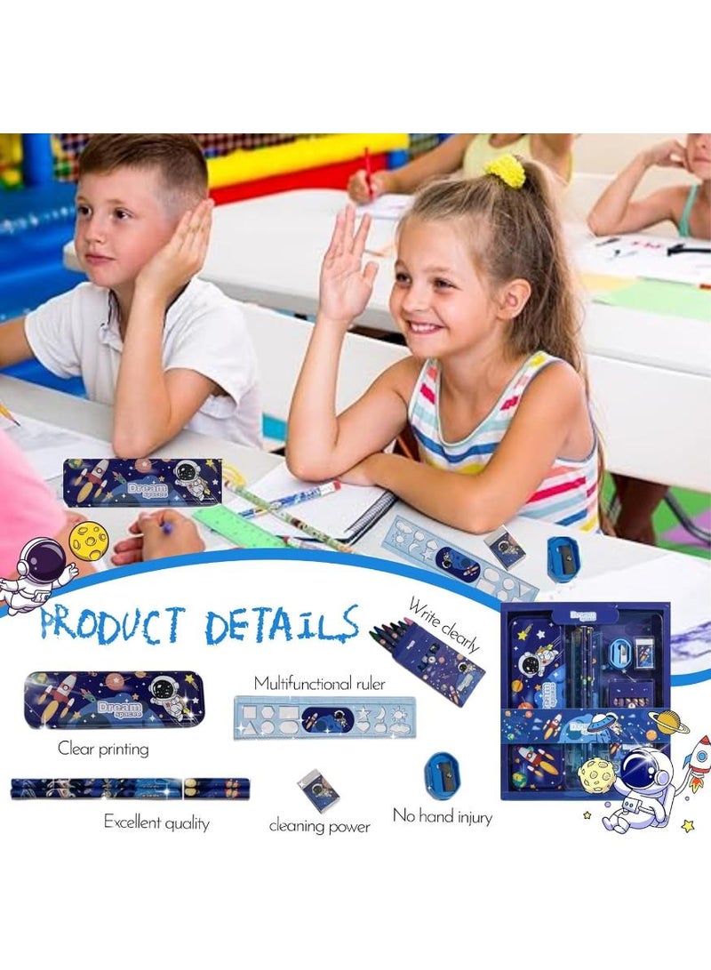 PAPERSAY Handsome Space Stationery Set, Including Pencil Case, Ruler, Eraser, 2 Pencils, Pencil Sharpener and a Box Of Crayons 6 Pieces, Cartoon Stationery Set for Boys and Girls - Image 3