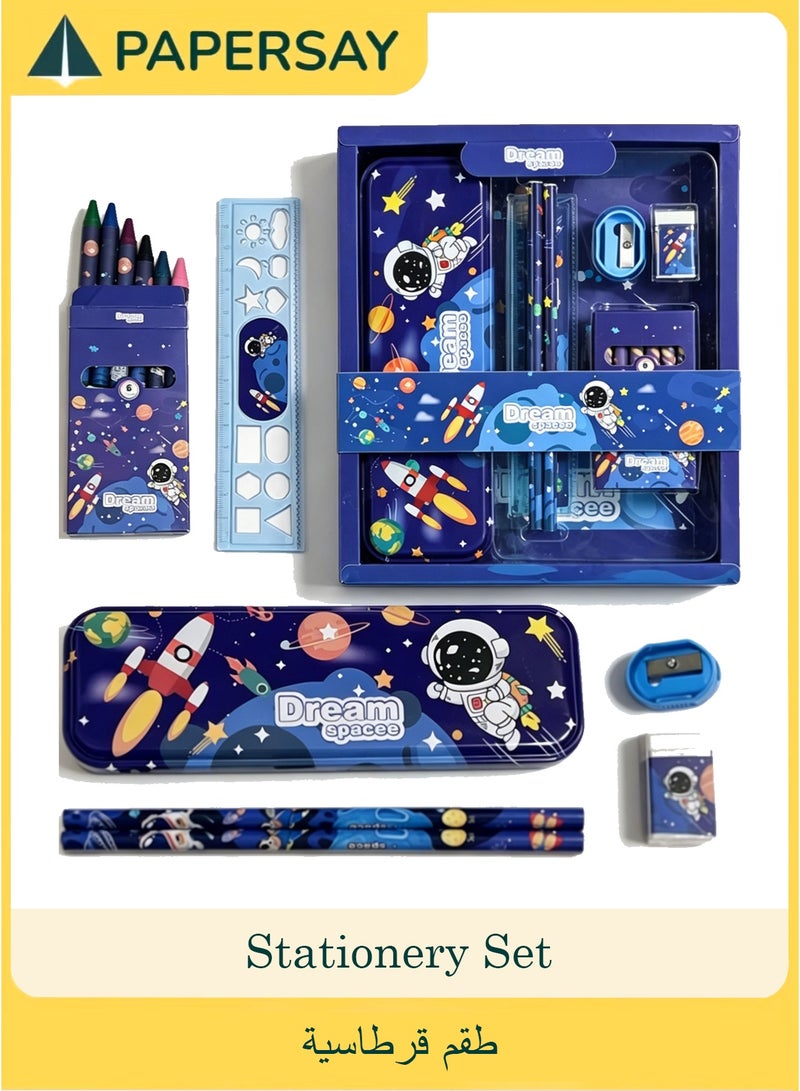 PAPERSAY Handsome Space Stationery Set, Including Pencil Case, Ruler, Eraser, 2 Pencils, Pencil Sharpener and a Box Of Crayons 6 Pieces, Cartoon Stationery Set for Boys and Girls - Image 1