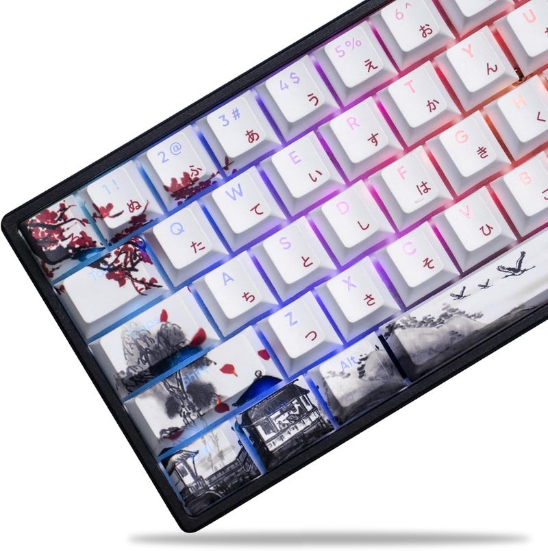COSTOM Womier PBT Keycaps, Custom White Japanese Keyboard Keycaps, Cherry Profile, Doubleshot Side Print, 127 Keys, Cherry Blossom Pattern, Compatible with Anne Pro 2, TKL RK68, RK84, etc. - Image 1