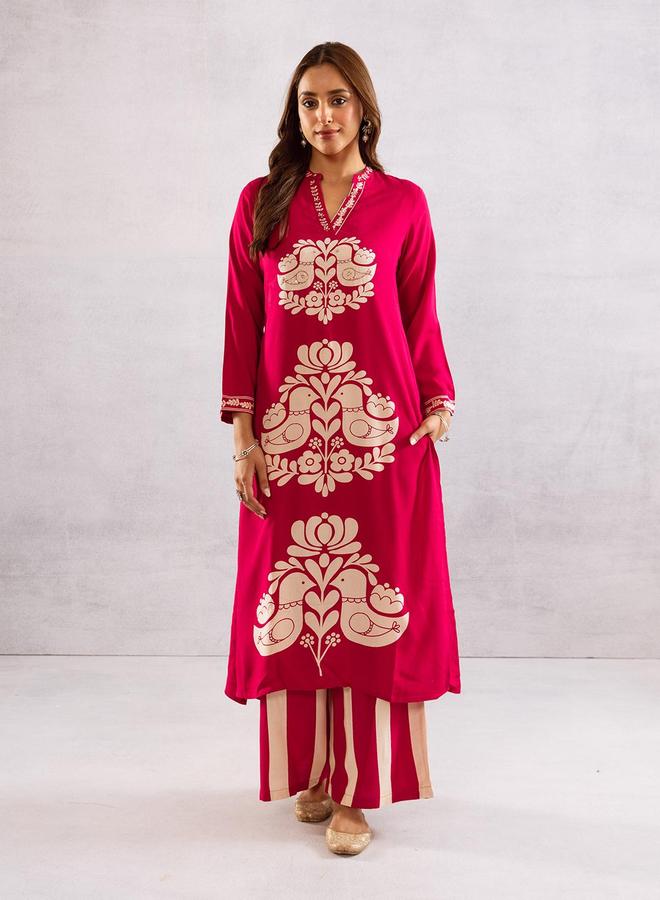 ISHIN Women's Pink Rayon Printed Tunic Upper Calf Length Palazzo Bottom Relaxed 2 Peice Kurta Set - Image 1