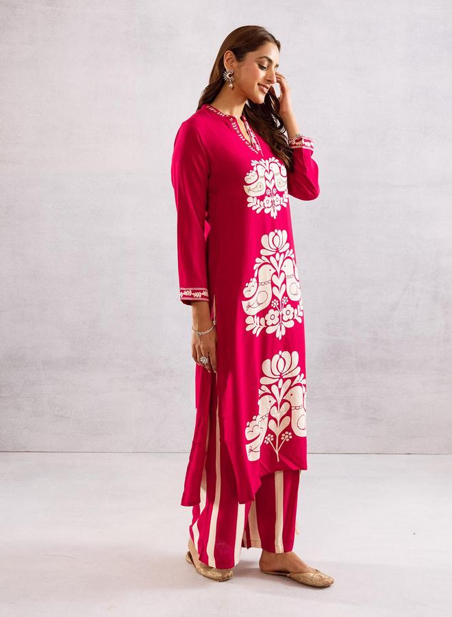 ISHIN Women's Pink Rayon Printed Tunic Upper Calf Length Palazzo Bottom Relaxed 2 Peice Kurta Set - Image 3