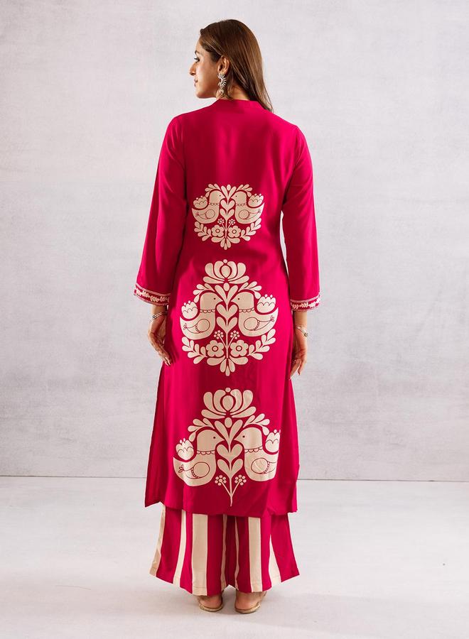 ISHIN Women's Pink Rayon Printed Tunic Upper Calf Length Palazzo Bottom Relaxed 2 Peice Kurta Set - Image 2