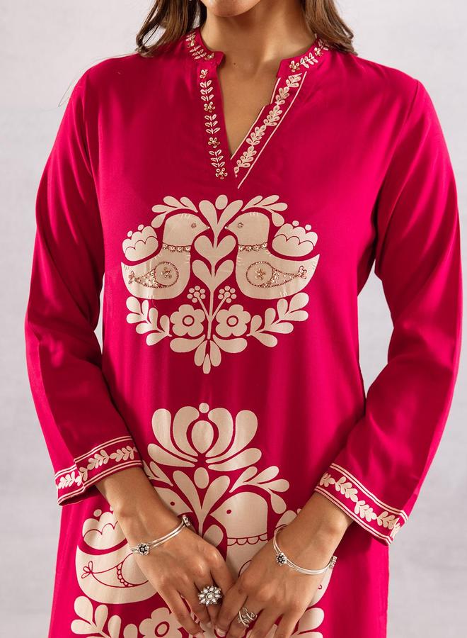 ISHIN Women's Pink Rayon Printed Tunic Upper Calf Length Palazzo Bottom Relaxed 2 Peice Kurta Set - Image 5