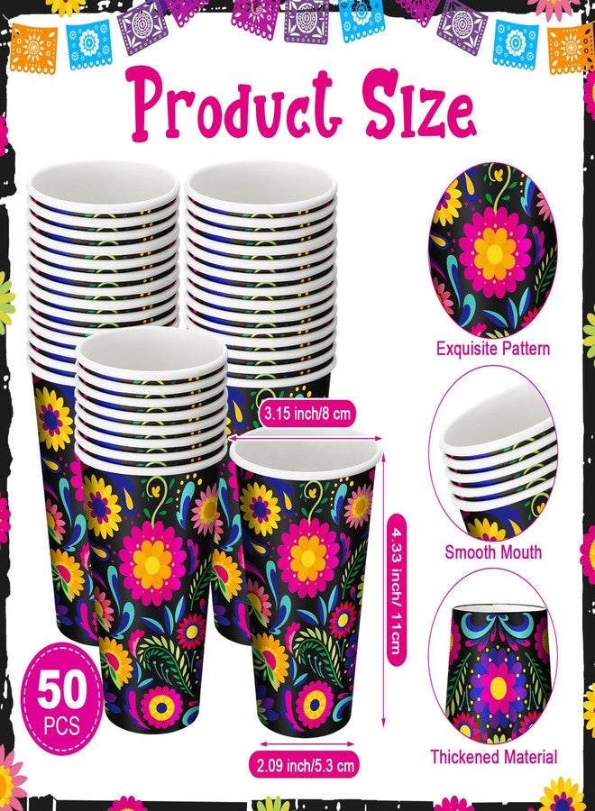 Jingmore 50 Pack 12 oz Mexican Disposable Paper Cups Floral Fiesta Cinco De Mayo Coffee Cold Hot Beverage Drinking Cups Disposable Drinkware Supplies for Mexican Day of the Dead Halloween Birthday Party - Image 2