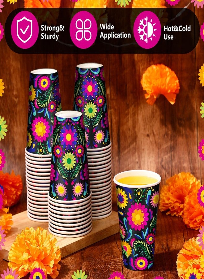 Jingmore 50 Pack 12 oz Mexican Disposable Paper Cups Floral Fiesta Cinco De Mayo Coffee Cold Hot Beverage Drinking Cups Disposable Drinkware Supplies for Mexican Day of the Dead Halloween Birthday Party - Image 3