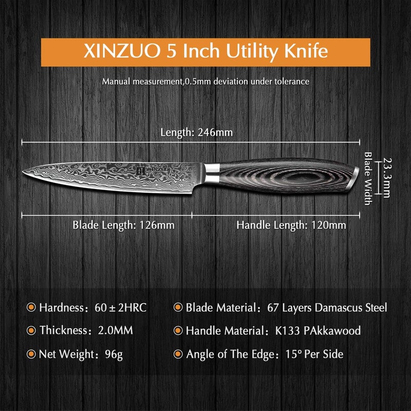 XINZUO 5 Inch Paring Knife,67 Layers Damascus Steel Japanese Petty Knife,Small chef knife for Fruit/Vegetable/Meat-for Professional Chef& Home Cooking, Gift Box - Image 3