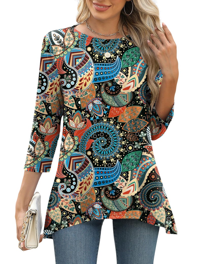 LOMON Tunic Tops 3/4 Length Sleeve Womens Tops Dressy Casual Blouses Loose Fit Summer Clothing for Leggings Black Floral XL - Image 1