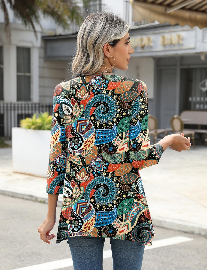 LOMON Tunic Tops 3/4 Length Sleeve Womens Tops Dressy Casual Blouses Loose Fit Summer Clothing for Leggings Black Floral XL - Image 5