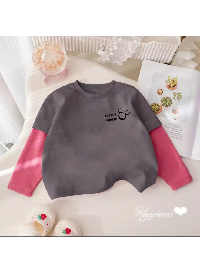 Girls' Long-sleeve T-shirt, Autumn Pure Cotton Round Neck, Faux Two-piece Cartoon Stylish Little Girl Base Shirt, Children's Trendy Top