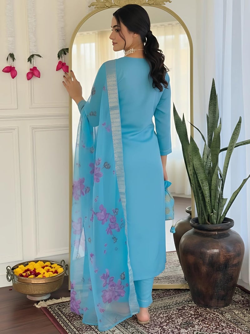 Naixa Women's Firoji Viscose Embroidered Straight Kurta with Viscose Pant and Jacquard Printed Dupatta Sets (NX-665-Firoji-S) - Image 4