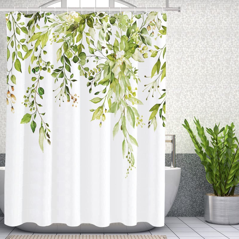 Tititex Fragile Sprout Grass Green Eucalyptus Shower Curtain Sets Watercolor Leaves on The Top Plant with Floral Bathroom Decoration 72x72 Inch with Hooks