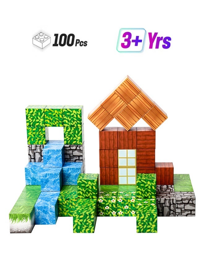 100 قطعة كتل مغناطيسية - بناء منجم مغناطيس العالم غابة السحر مجموعة، 1 '' كتل البناء المغناطيسية الطفل الصغير الإبداعي للأطفال لعب، STEM الحسية في الهواء الطلق لعب 3+ سنة من العمر الأولاد والبنات - Image 4