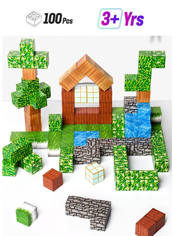 100 قطعة كتل مغناطيسية - بناء منجم مغناطيس العالم غابة السحر مجموعة، 1 '' كتل البناء المغناطيسية الطفل الصغير الإبداعي للأطفال لعب، STEM الحسية في الهواء الطلق لعب 3+ سنة من العمر الأولاد والبنات - Image 5