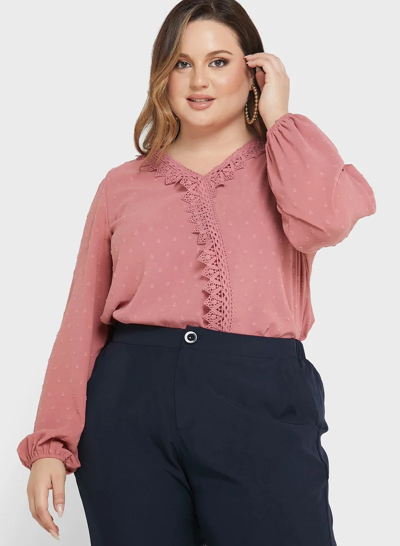 Ella Plus Lace Trim Dobby Detail Top